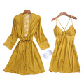 Good Quantity Silk Ladies′ Sexy Nightgown with Breast Pad and Backless Hollow Dress Set